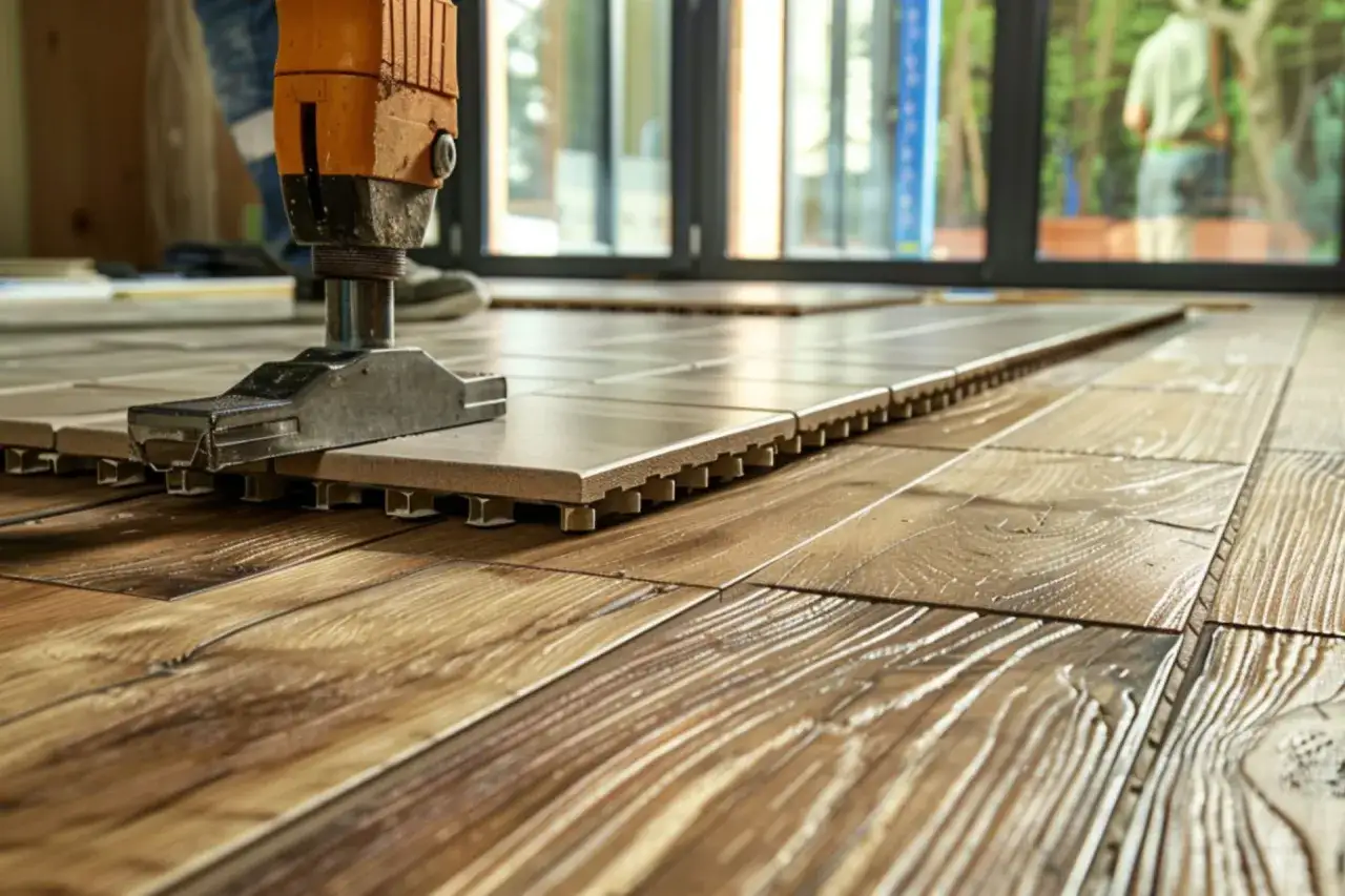 Pose d'un nouveau plancher bois avec un outil de pose. Les lames s'embo&icirc;tent sur des supports.