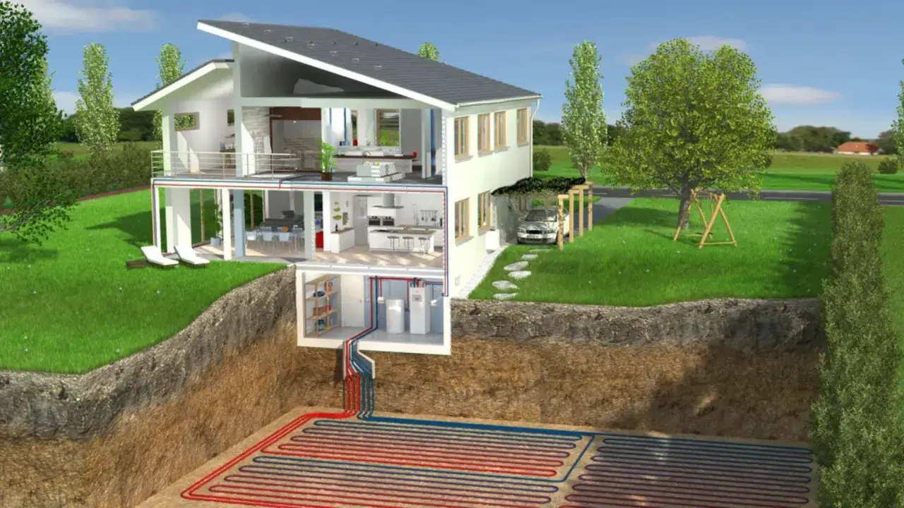 Maison moderne avec coupe transversale montrant le syst&egrave;me de chauffage g&eacute;othermique. Le prix d'une pompe &agrave; chaleur g&eacute;othermique est un investissement pour le confort.