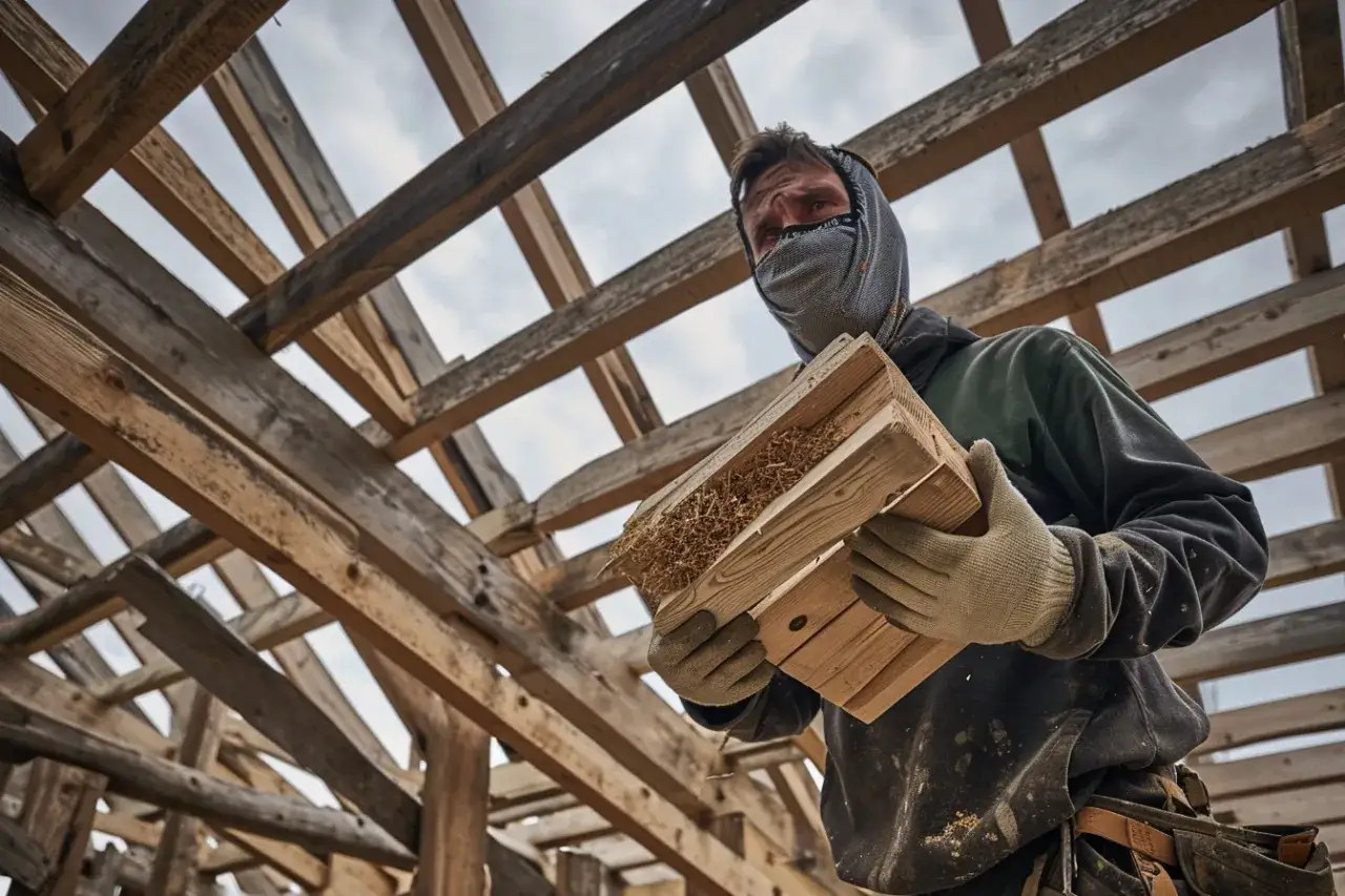 Un ouvrier masqu&eacute; porte des &eacute;l&eacute;ments de construction en bois, le danger de la laine de bois est pr&eacute;sent dans ce chantier.