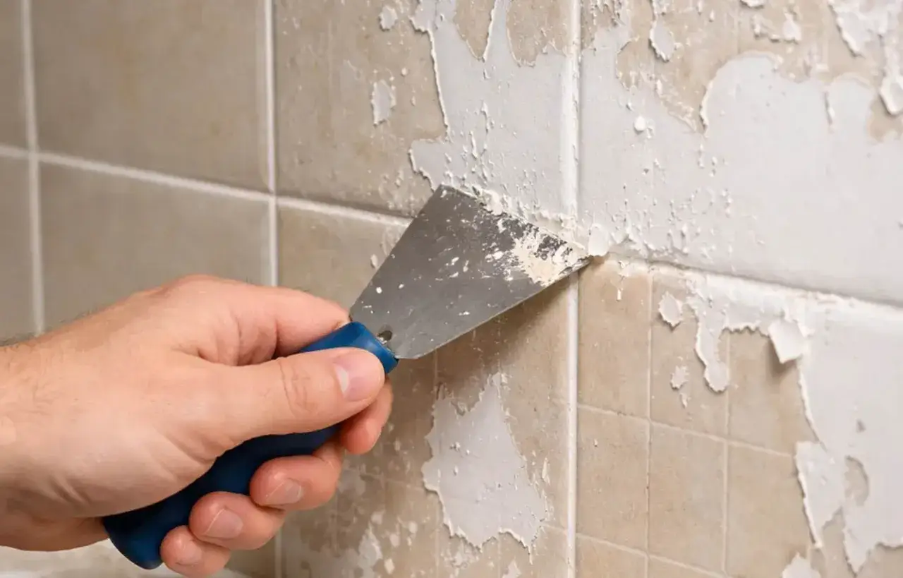 Main tenant enlever peinture sur carrelage avec une spatule. La peinture s'&eacute;caille sur les carreaux beiges.