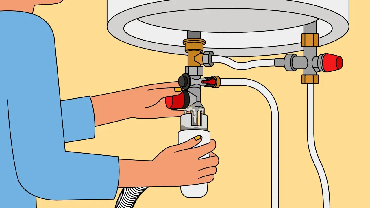 Maintenant, une personne ajuste le groupe de sécurité d'un chauffe-eau.