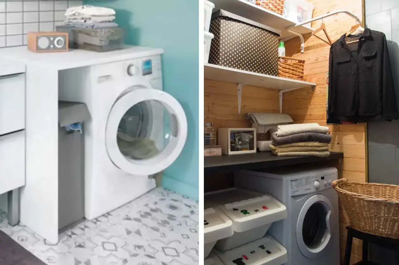 Aménagement buanderie : machine à laver, paniers à linge, étagères et rangements optimisés pour un espace fonctionnel.