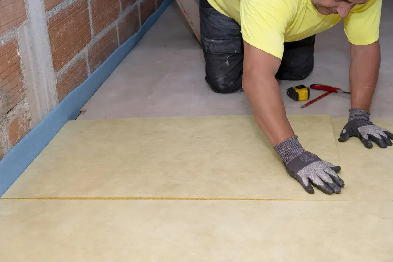 Pose d'une isolation sous carrelage, avec un ouvrier en train de poser une feuille de matériau isolant jaune sur le sol.
