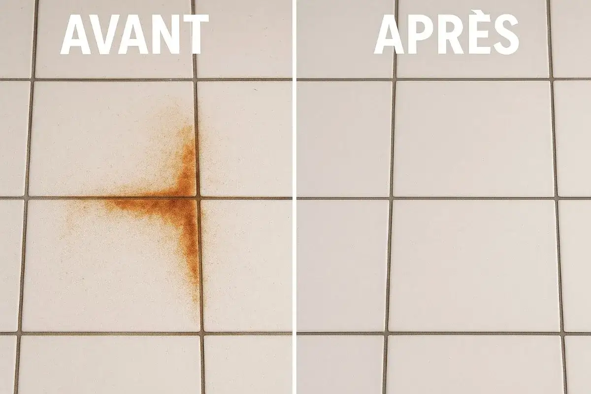 Avant/Apr&egrave;s : une tache de rouille tenace sur du carrelage blanc, et le r&eacute;sultat impeccable apr&egrave;s nettoyage. D&eacute;couvrez comment enlever la rouille sur du carrelage.