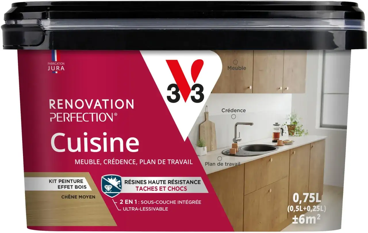 Peinture pour meuble bois effet ch&ecirc;ne moyen, id&eacute;ale pour r&eacute;nover cuisine, cr&eacute;dence et plan de travail. R&eacute;sistante et ultra-lessivable.