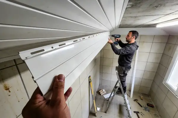 Un homme sur une échelle visse une lame de lambris PVC au plafond. Le chantier progresse.