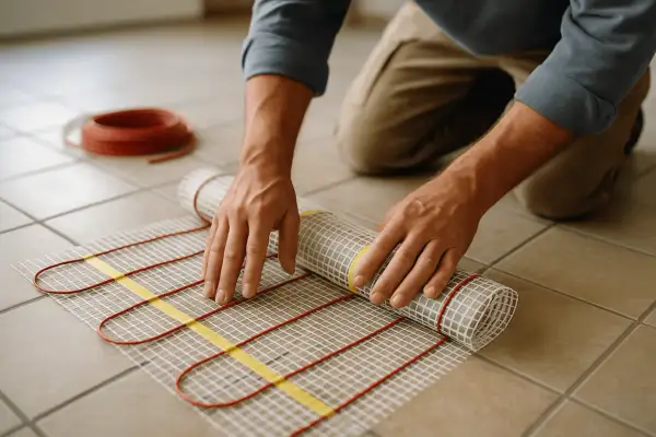 Installation d'un plancher rayonnant électrique. Un homme déroule le tapis chauffant sur le carrelage.