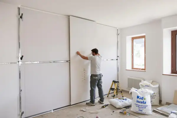 Un homme est en train de poser du placo sur une structure métallique dans une pièce en construction. Des sacs de matériaux sont au sol.