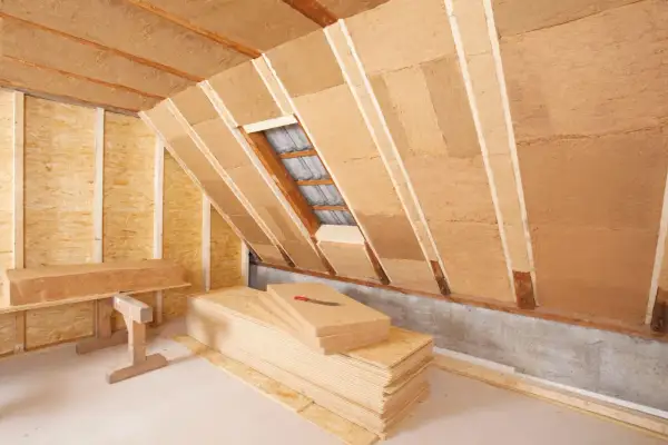 Isolation de combles en cours, avec des panneaux de fibre de bois prêts à être posés.
