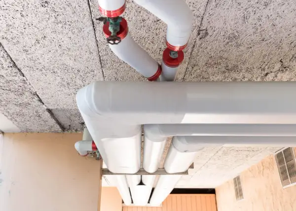 Gros tuyaux blancs, certains avec des capuchons rouges, sont installés sous un plafond texturé. L'ensemble est conçu pour isoler le tuyau de chauffage.