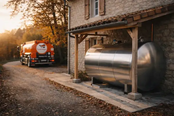 Camion de livraison de fioul près d'une cuve. Le chauffage fioul prix est une préoccupation pour les propriétaires.