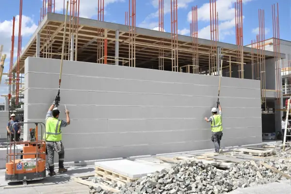Chantier de construction : des ouvriers installent des blocs de béton cellulaire pour l'isolation d'un mur extérieur.