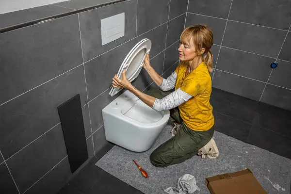 Une femme s'apprête à changer l'abattant WC. Elle tient le nouvel abattant, prête à l'installer sur la cuvette.