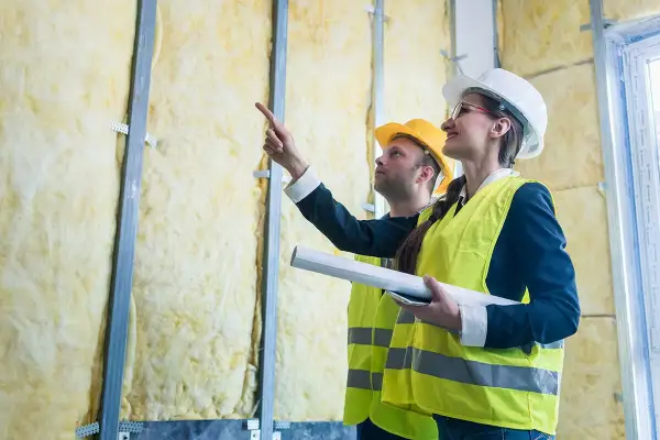 Deux ouvriers inspectent un mur recouvert de matériau isolant thermique, jaune et épais, prêt pour le revêtement.