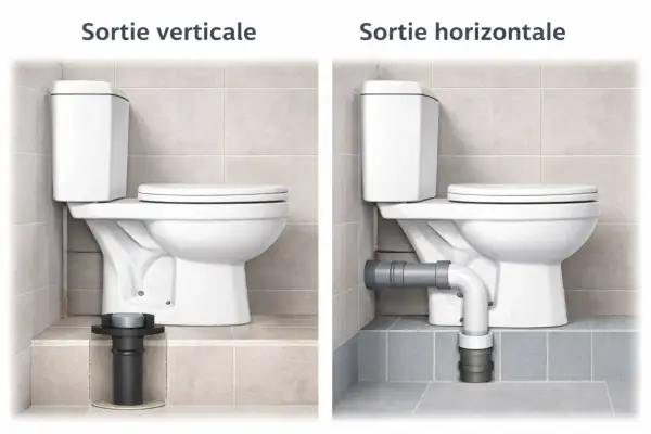 Schéma installation WC : sortie verticale avec évacuation au sol, sortie horizontale avec raccordement mural.