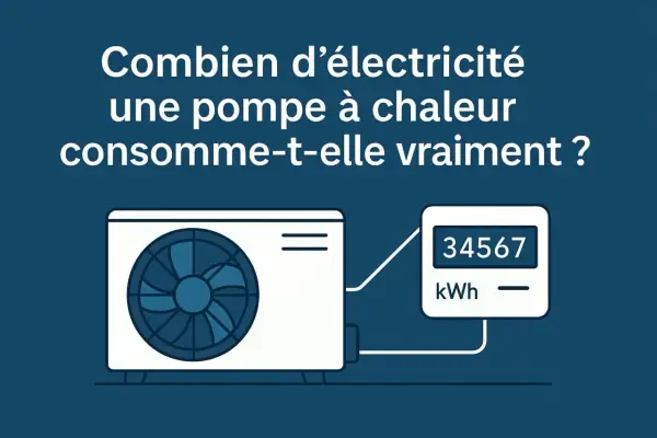 Une pompe à chaleur PAC et un compteur affichant 34567 kWh. Le visuel interroge sur la consommation électrique réelle d'une pompe à chaleur.