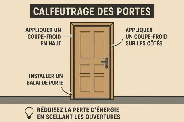 Illustration montrant comment isoler une porte : appliquer un coupe-froid en haut et sur les côtés, installer un balai de porte pour réduire la perte d'énergie.
