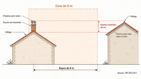 Illustration montrant la distance entre le tubage et le chapeau de cheminée, avec une zone de 8m et une hauteur minimale de 40cm.