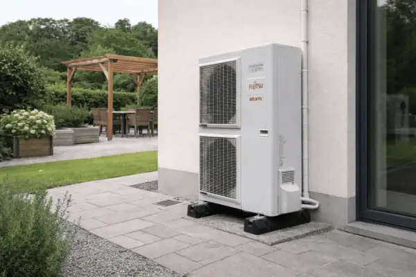 Unité extérieure d'une pompe à chaleur Fujitsu Atlantic, installée sur une terrasse. L'image suggère la fiabilité et la longue durée de vie d'une pompe à chaleur.