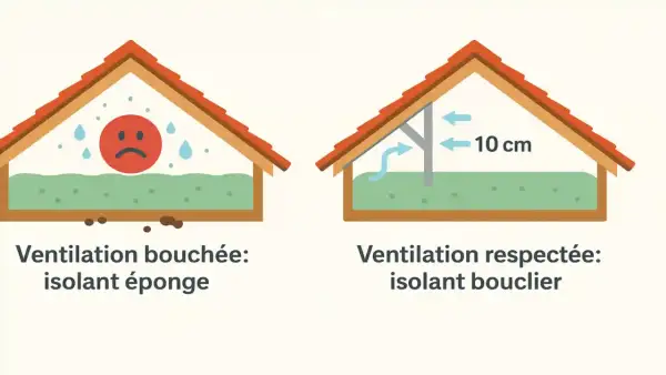 Illustration comparant une ventilation de combles bouchée (isolant éponge) et une ventilation respectée (isolant bouclier). Le prix de l'isolation des combles dépend de ces facteurs.