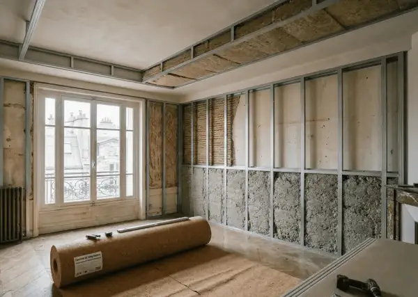Rénovation d'une pièce avec ossature métallique pour l'isolation phonique. Rouleau de liège au sol, murs et plafond en cours d'isolation.