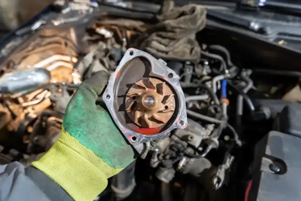 Main d'un mécanicien tenant une pompe à eau électrique démontée, prête pour la réparation. Le moteur est visible en arrière-plan.