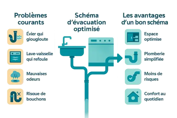 Schéma d'évacuation optimisé pour une plomberie de cuisine sans soucis : moins de bouchons, d'odeurs et de refoulements.