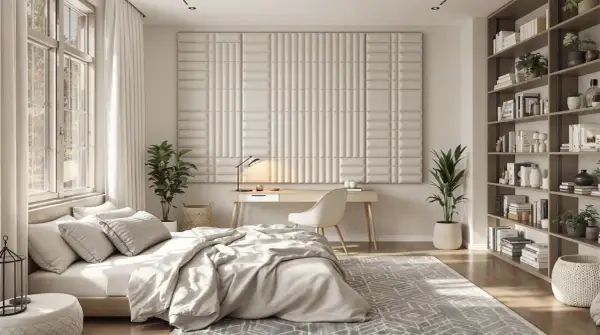 Chambre à coucher moderne avec mur capitonné, idéal pour comment insonoriser une chambre à coucher. Un bureau, une étagère remplie de livres et un lit douillet.