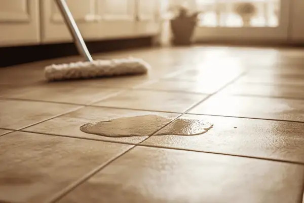 Une serpillière est prête à nettoyer un carrelage très encrassé, avec une flaque d'eau sur le sol.