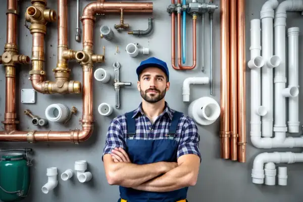 Un plombier confiant pose devant une installation de plomberie complexe, mêlant cuivre et PVC.