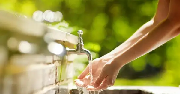 Mains sous un robinet extérieur. La hauteur du robinet extérieur est idéale pour se laver les mains dans ce cadre verdoyant.