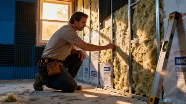 Un homme installe de l'isolant dans un mur, améliorant l'isolation phonique du mur mitoyen.