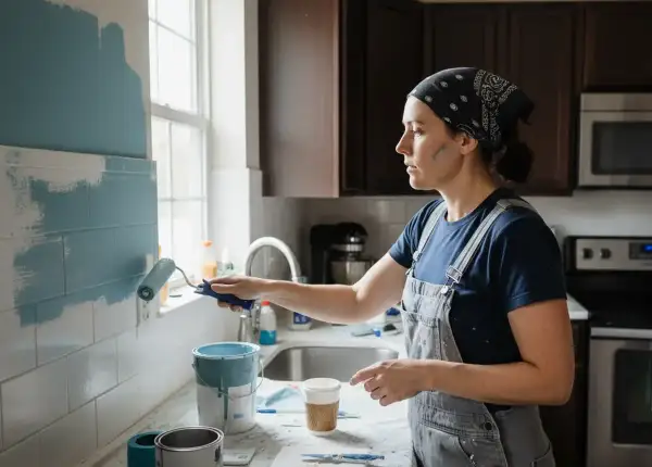 Une femme peint son carrelage mural de cuisine en bleu clair. Elle utilise un rouleau pour appliquer la peinture, cherchant la meilleure peinture pour carrelage mural cuisine.