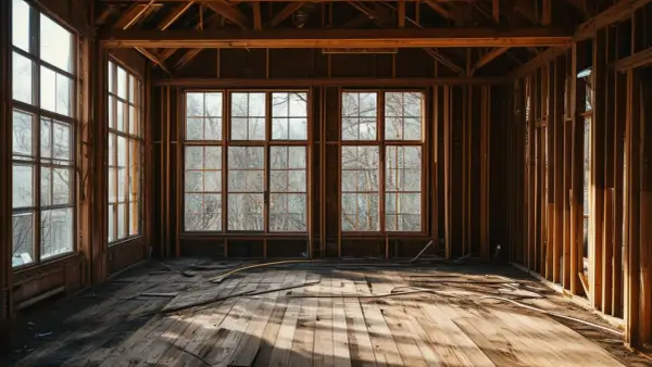 Intérieur d'une maison en construction, bois apparent, fenêtres donnant sur des arbres. Le **traitement charpente avant isolation** est visible.