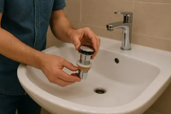 Main tenant les pièces d'un schema montage bonde lavabo, prêt à installer le nouveau système de vidage dans le lavabo blanc.