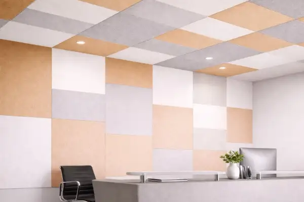 Panneaux acoustiques colorés, blancs, gris et beige, formant un motif à damier sur le mur et le plafond, parfaits pour isoler phoniquement un mur.