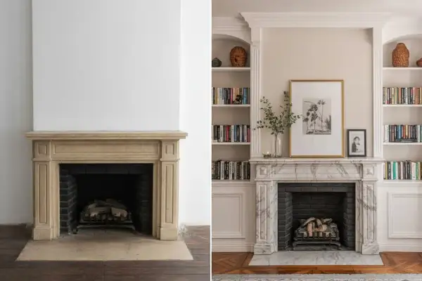 Avant/après : une cheminée en pierre beige transformée en marbre élégant, avec des étagères intégrées pour moderniser l'espace.