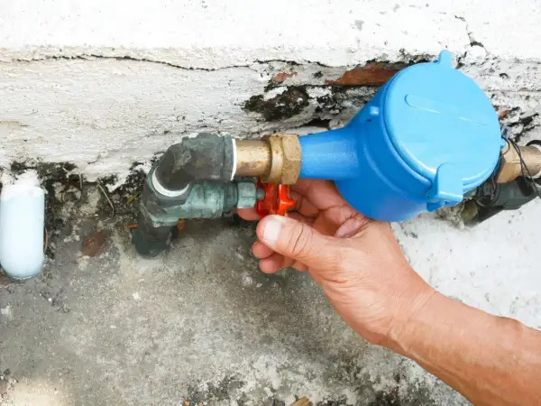 Main tenant intervient pour réparer une fuite d'eau sur un raccord de compteur.