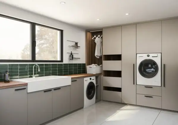 Aménagement buanderie moderne avec évier, lave-linge, rangements intégrés et une penderie ouverte.