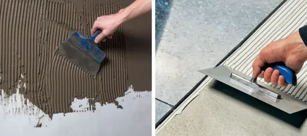 Application de colle carrelage sur carrelage avec une spatule crantée pour une pose parfaite.