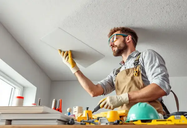 Un bricoleur avec des lunettes de protection et des gants est en train de coller du placo au plafond.