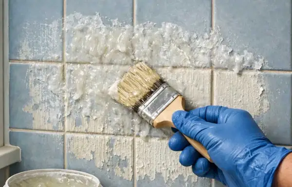 Main bleue appliquant un produit pour enlever peinture sur carrelage bleu décrépit. Le produit dissout la peinture par endroits.