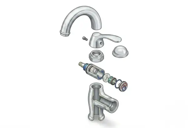 Pièces détachées d'un robinet, montrant comment changer cartouche mitigeur.