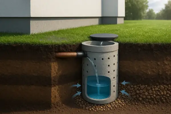 Système de puisard pour l'évacuation eau de pluie. L'eau s'infiltre dans le sol via un puits perforé.