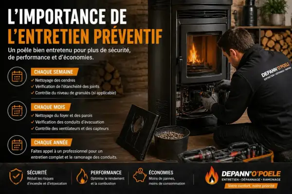 Un technicien vérifie un poêle à granulés, soulignant l'importance de l'entretien préventif et du ramonage annuel pour la sécurité et la performance.