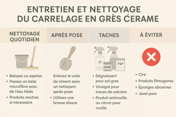 Image d'entretien de carrelage : une trace de pas sur carrelage mat, avec des conseils de nettoyage et des produits à éviter.