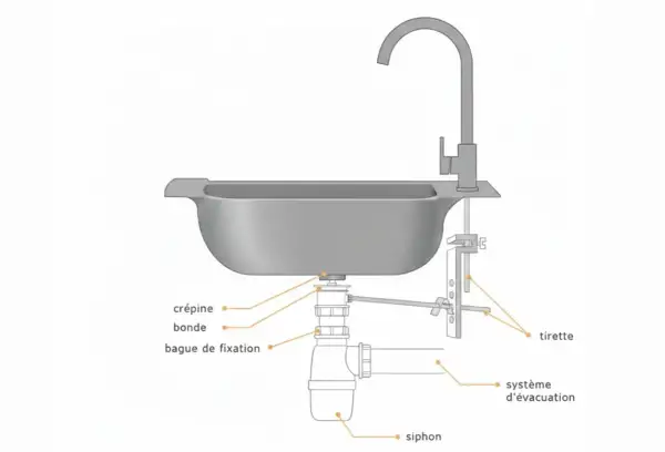 Schéma d'un évier de cuisine montrant le montage du robinet et du système d'évacuation, utile pour changer mitigeur cuisine.
