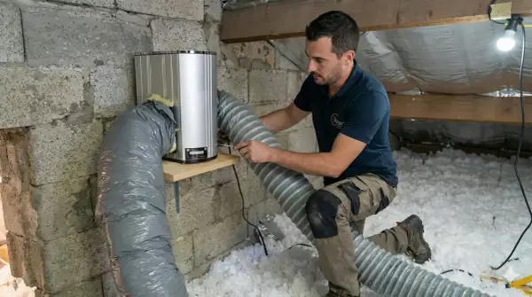 Un technicien installe un système de vph ventilation dans un grenier isolé.