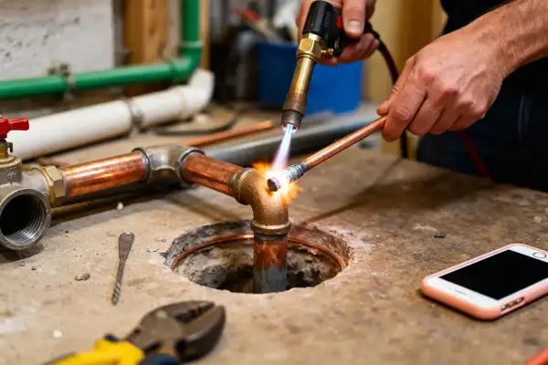 Un plombier réalise une soudure cuivre plomberie sur un raccord en T. Des outils et un téléphone sont posés à proximité.