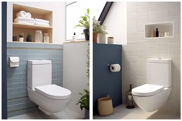 Deux salles de bain modernes. L'une avec un WC suspendu et des carreaux bleus, l'autre avec un WC suspendu et des carreaux blancs.